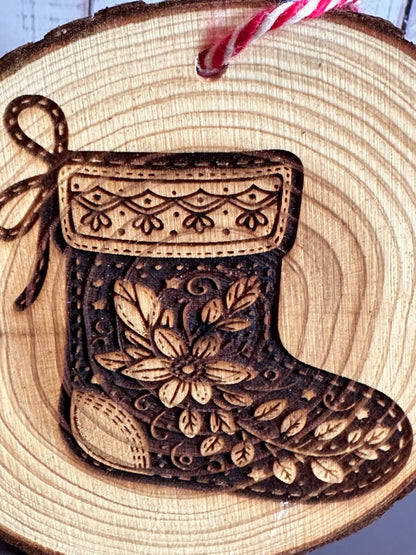 Engraved Live Edge Wooden Round Ornament - Festive Floral Stocking
