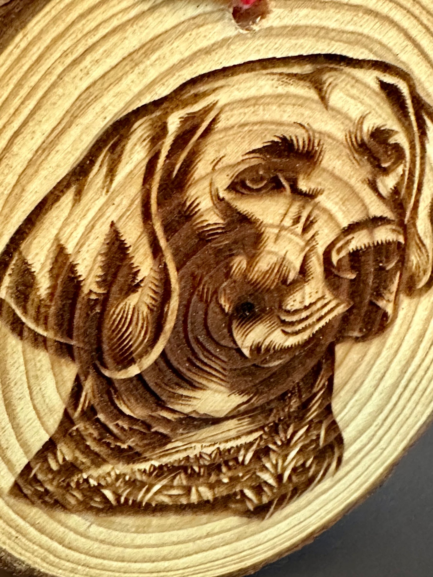 Engraved Live Edge Wooden Round Ornament - Labrador Retriever with Inner Wilderness Scene