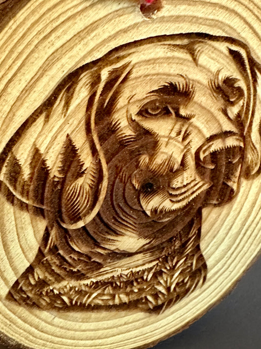 Engraved Live Edge Wooden Round Ornament - Labrador Retriever with Inner Wilderness Scene
