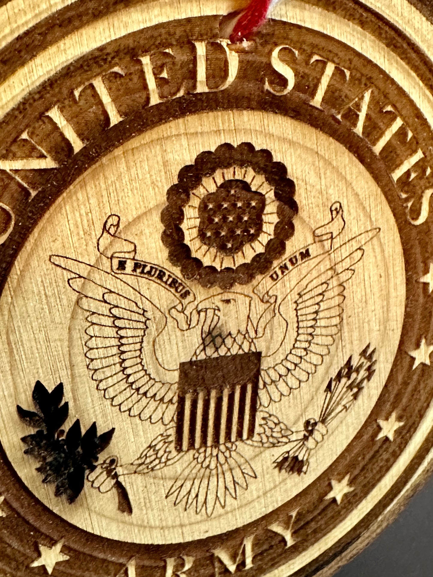 Engraved Live Edge Wooden Round Ornament - Army Seal