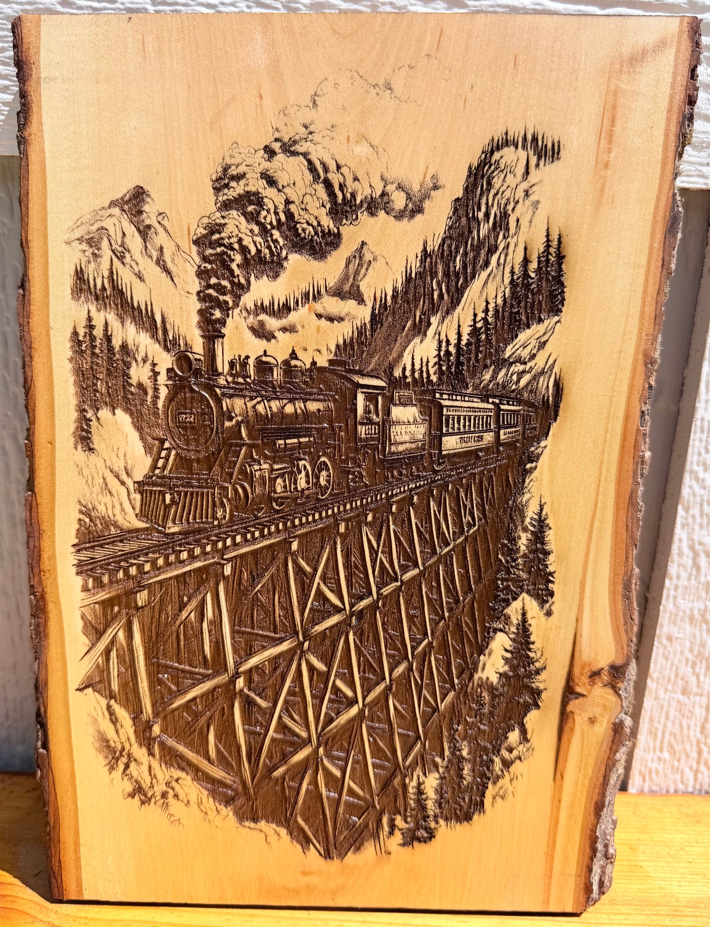 Plaque Live Edge Rectangular - Train on Trestle Bridge