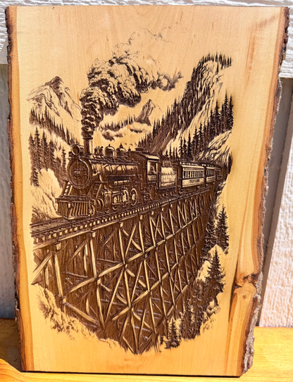 Plaque Live Edge Rectangular - Train on Trestle Bridge