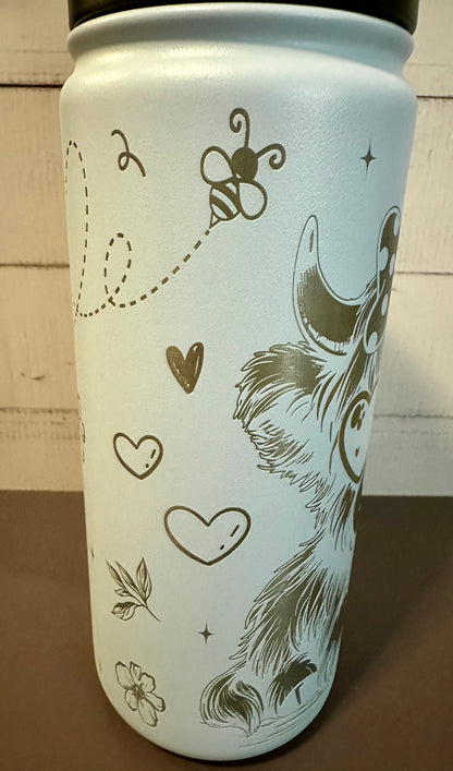 16oz. Insulated Water Bottle with Straw Lid - Light Blue, Highland Coo with Bow and Glasses