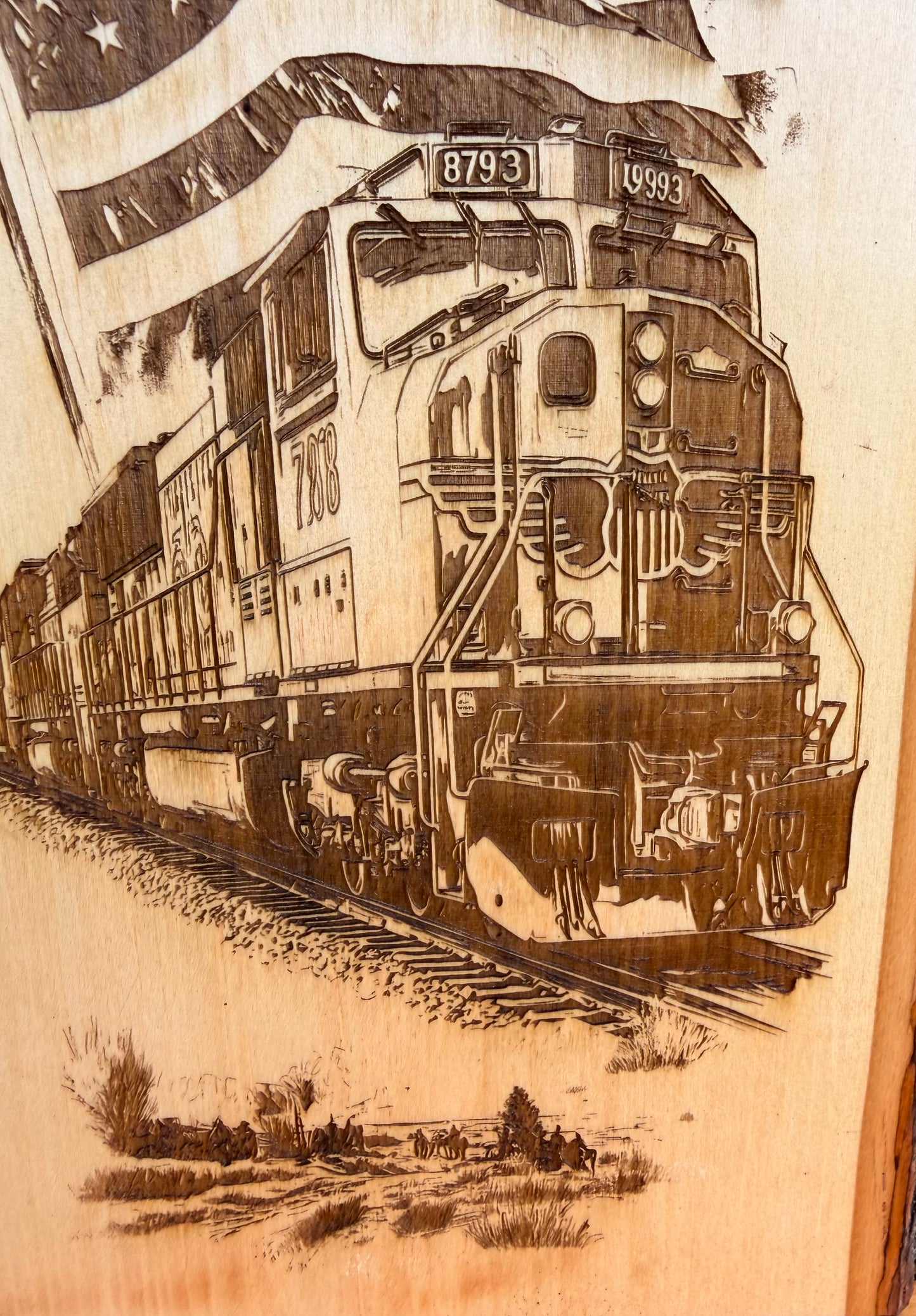 Plaque Live Edge Rectangular - Train 8793 with Flag and Desert Road
