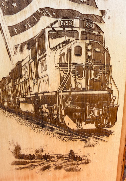Plaque Live Edge Rectangular - Train 8793 with Flag and Desert Road