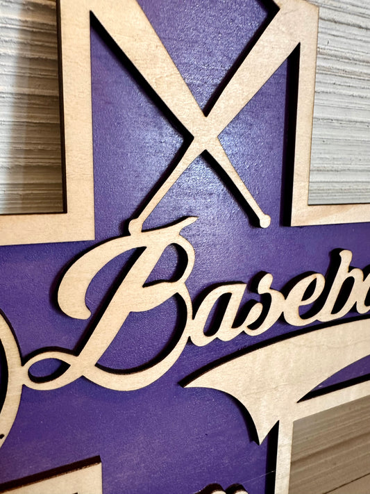 3D Layered and Engraved Wood Cross - Baseball