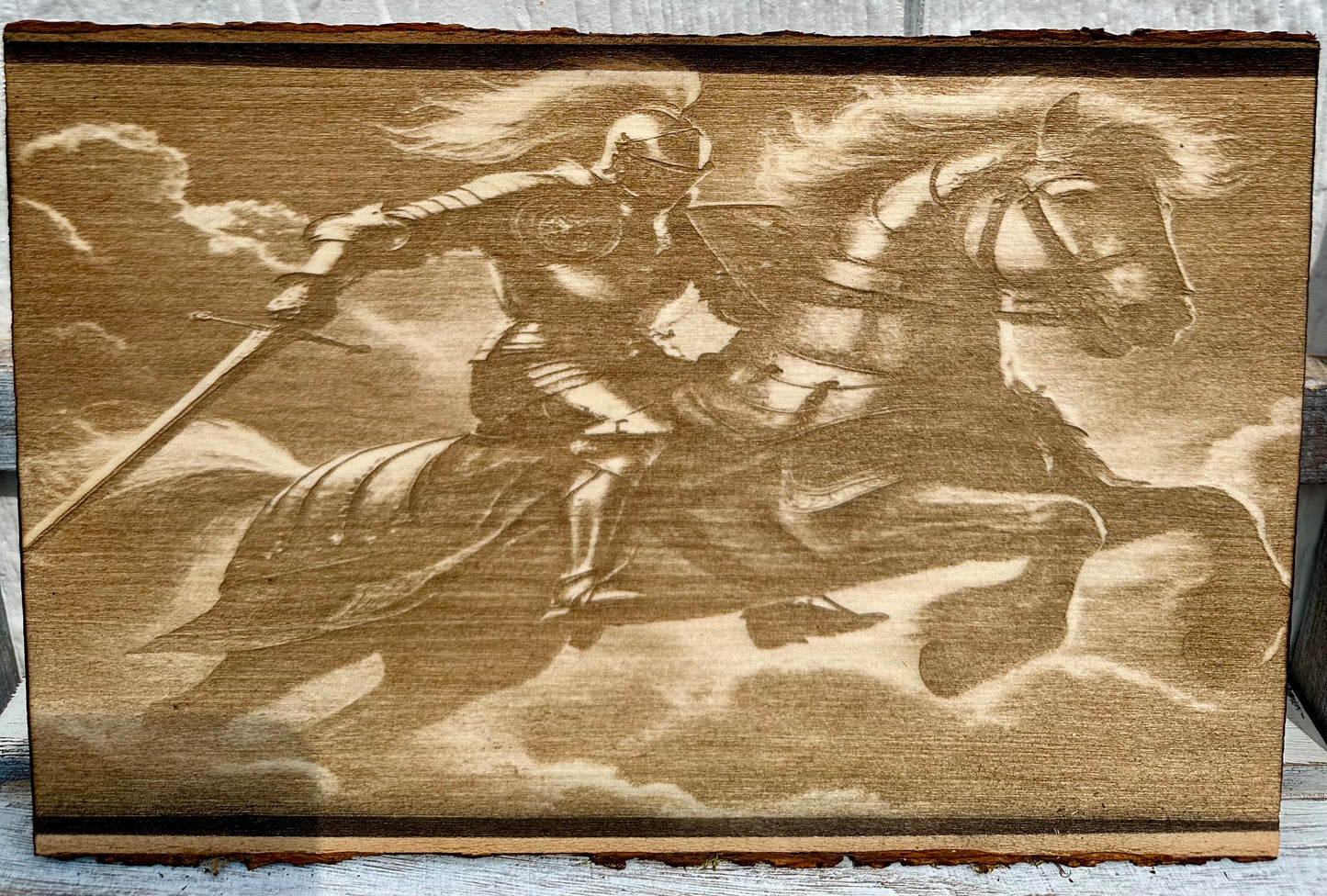 Knight on Horseback Live Edge Rectangular Plaque