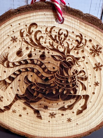 Engraved Live Edge Wooden Round Ornament - Joyous Reindeer with Snowflakes