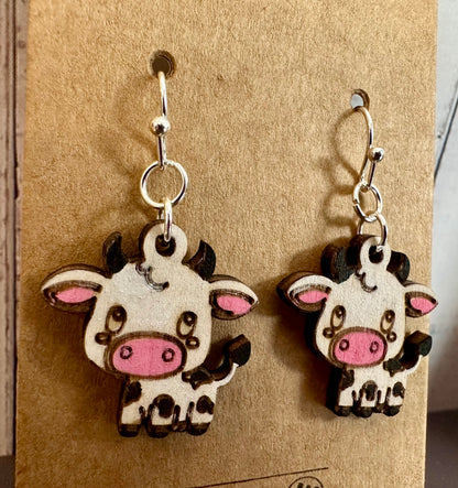 Wooden Engraved Dangle Earrings - Cow