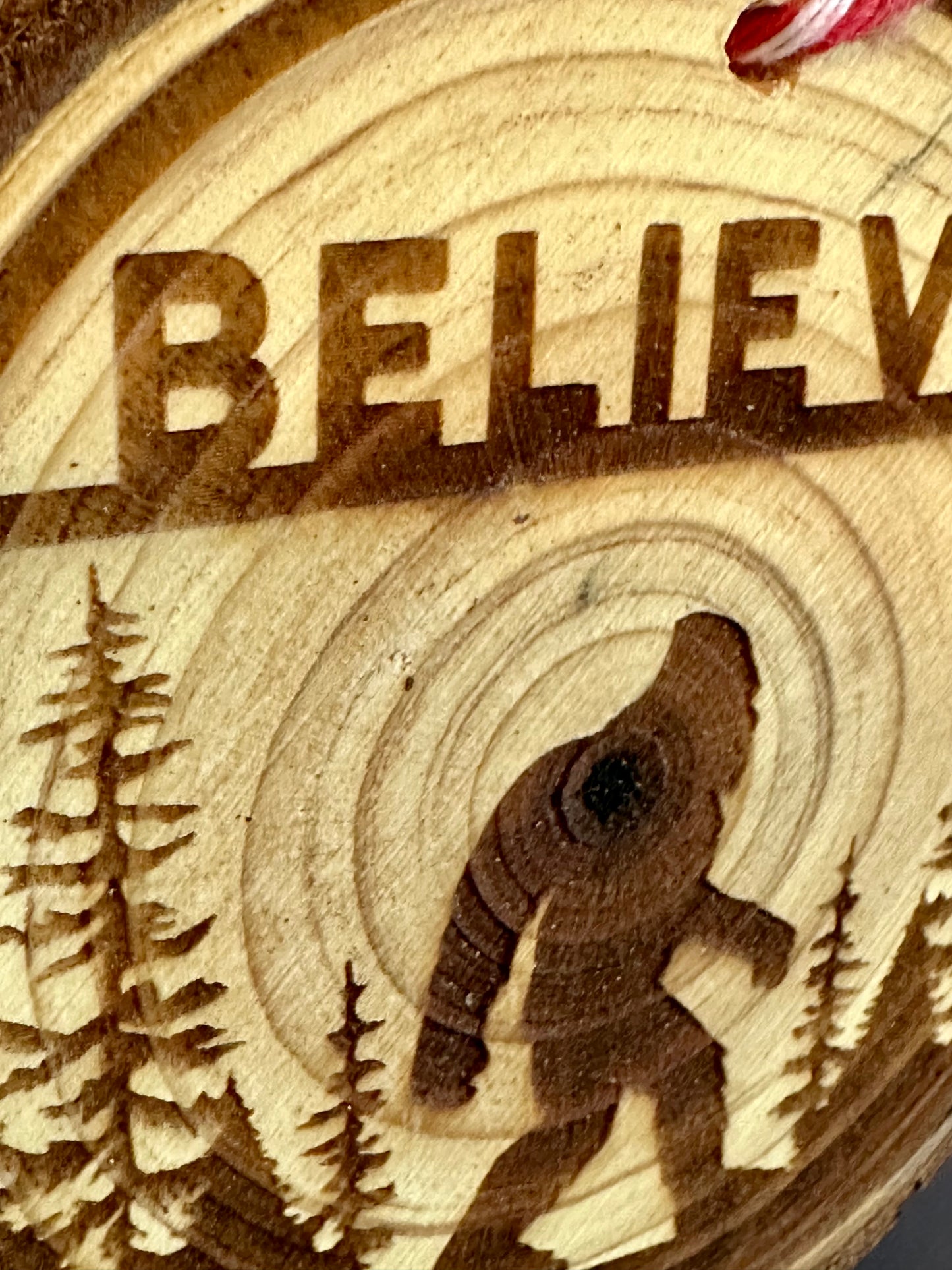 Engraved Live Edge Wooden Round Ornament - Sasquatch Bigfoot Believe