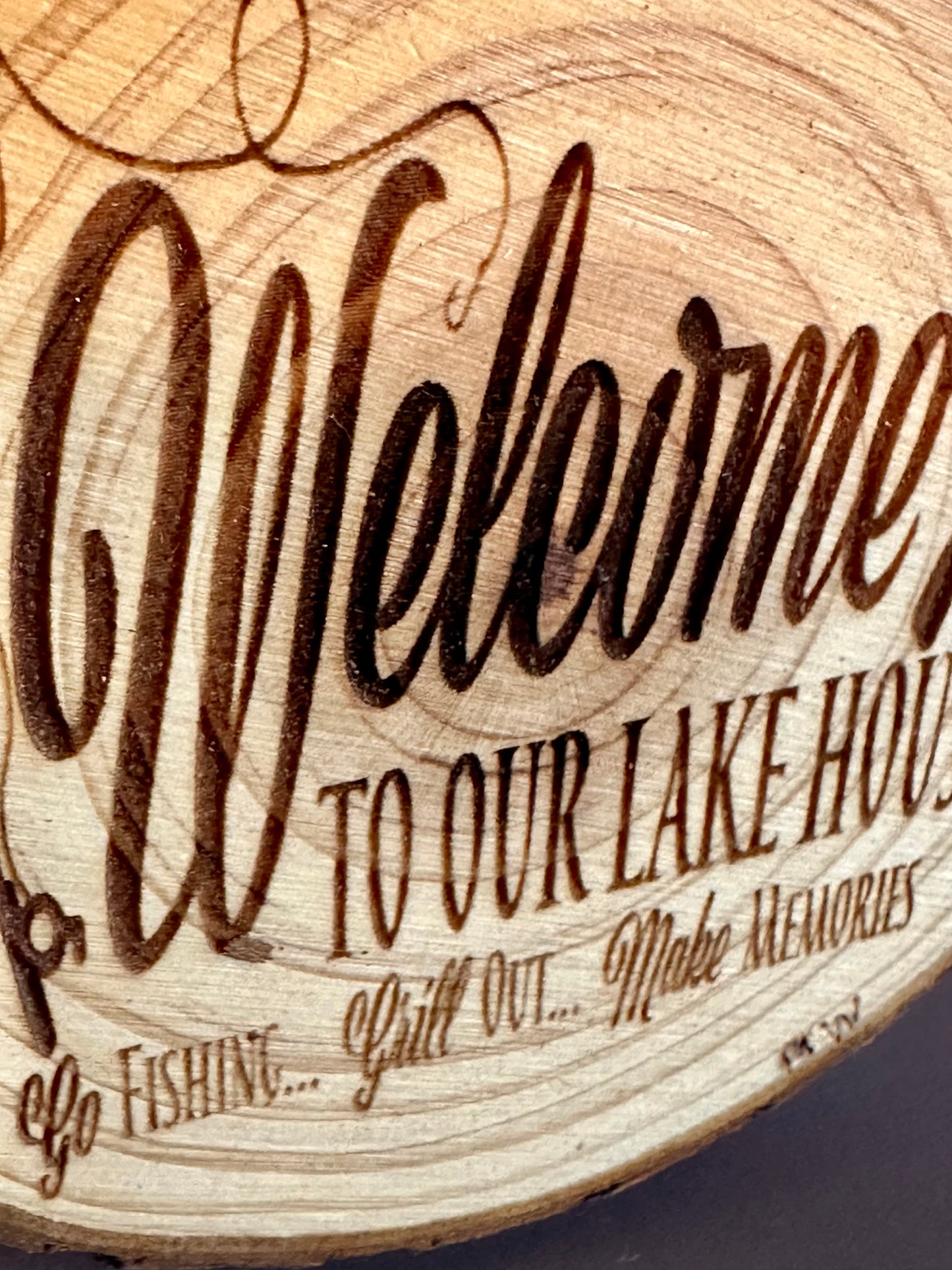 Engraved Live Edge Wooden Round Ornament - Welcome to Our Lake House