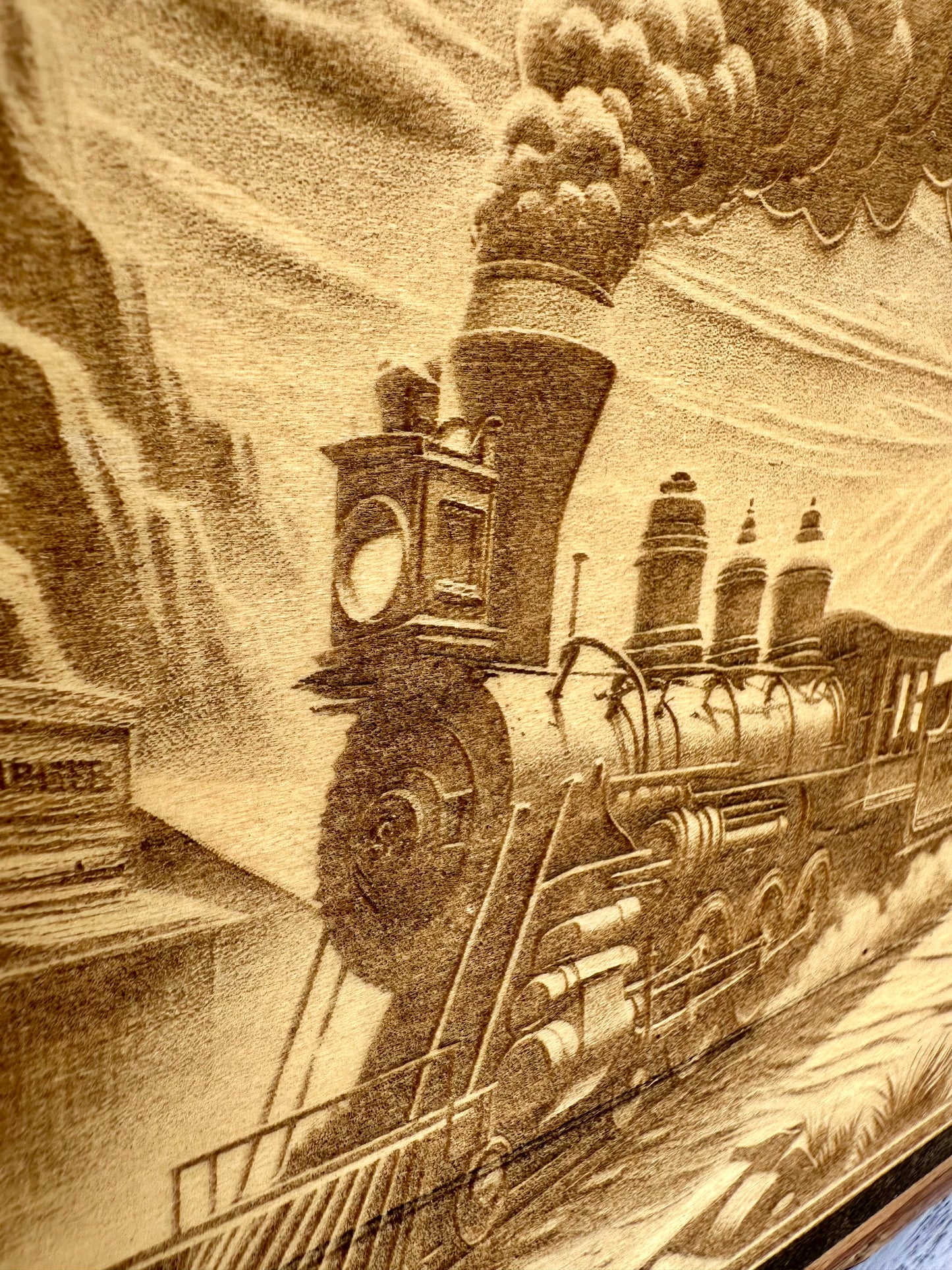 Steam Train in Western Town Live Edge Rectangular Plaque