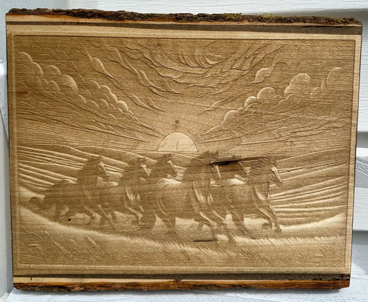 Six Running Horses with Open Sky Live Edge Rectangular Plaque
