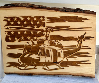 Military Huey Helicopter with Flag Live Edge Rectangular Plaque