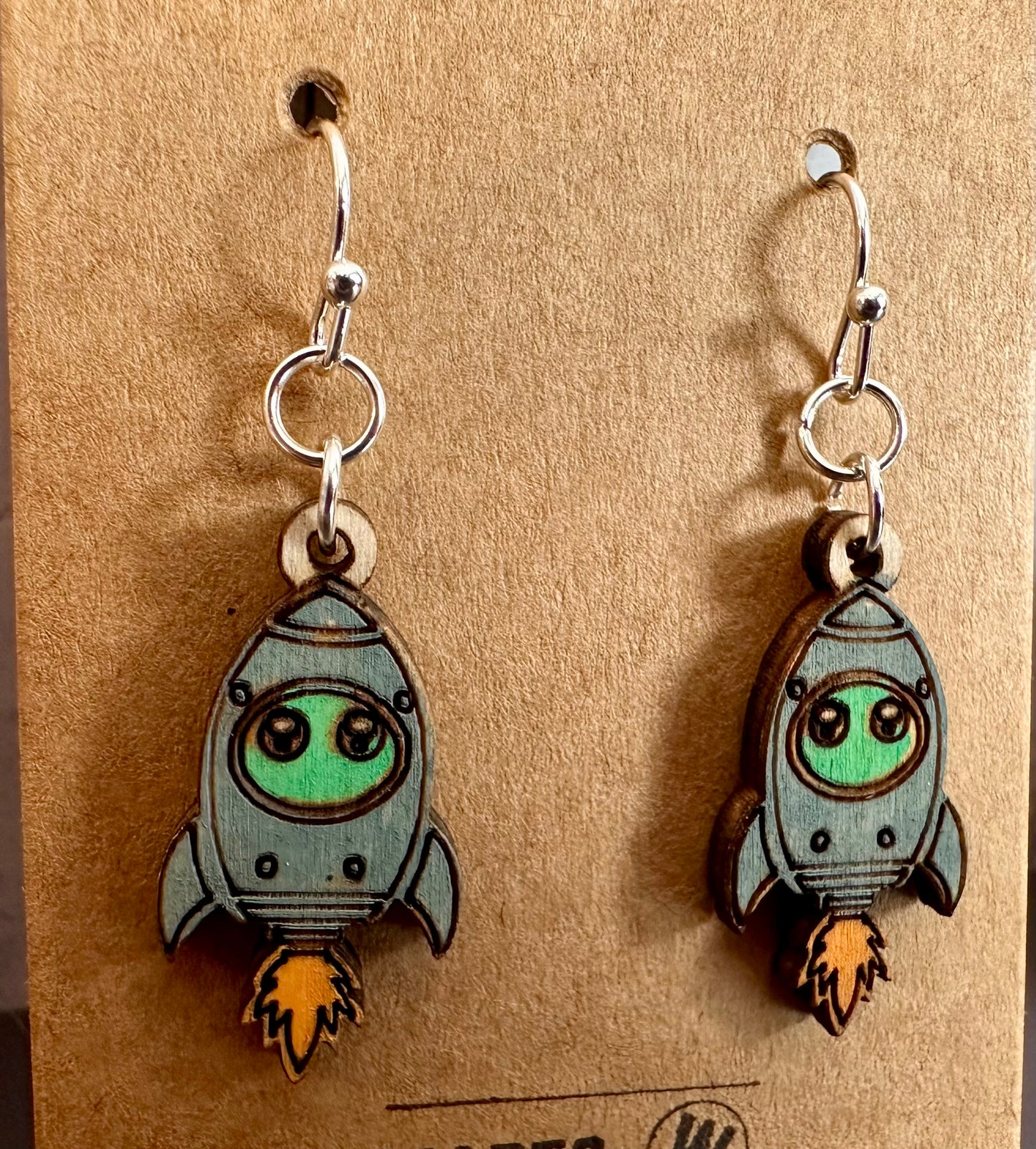 Wooden Engraved Dangle Earrings - Rocketship