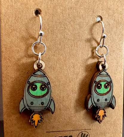 Wooden Engraved Dangle Earrings - Rocketship