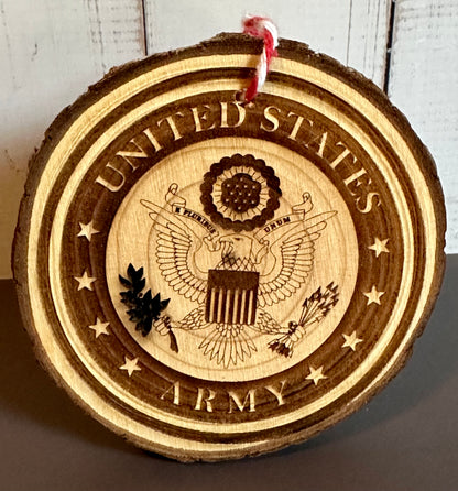 Engraved Live Edge Wooden Round Ornament - Army Seal