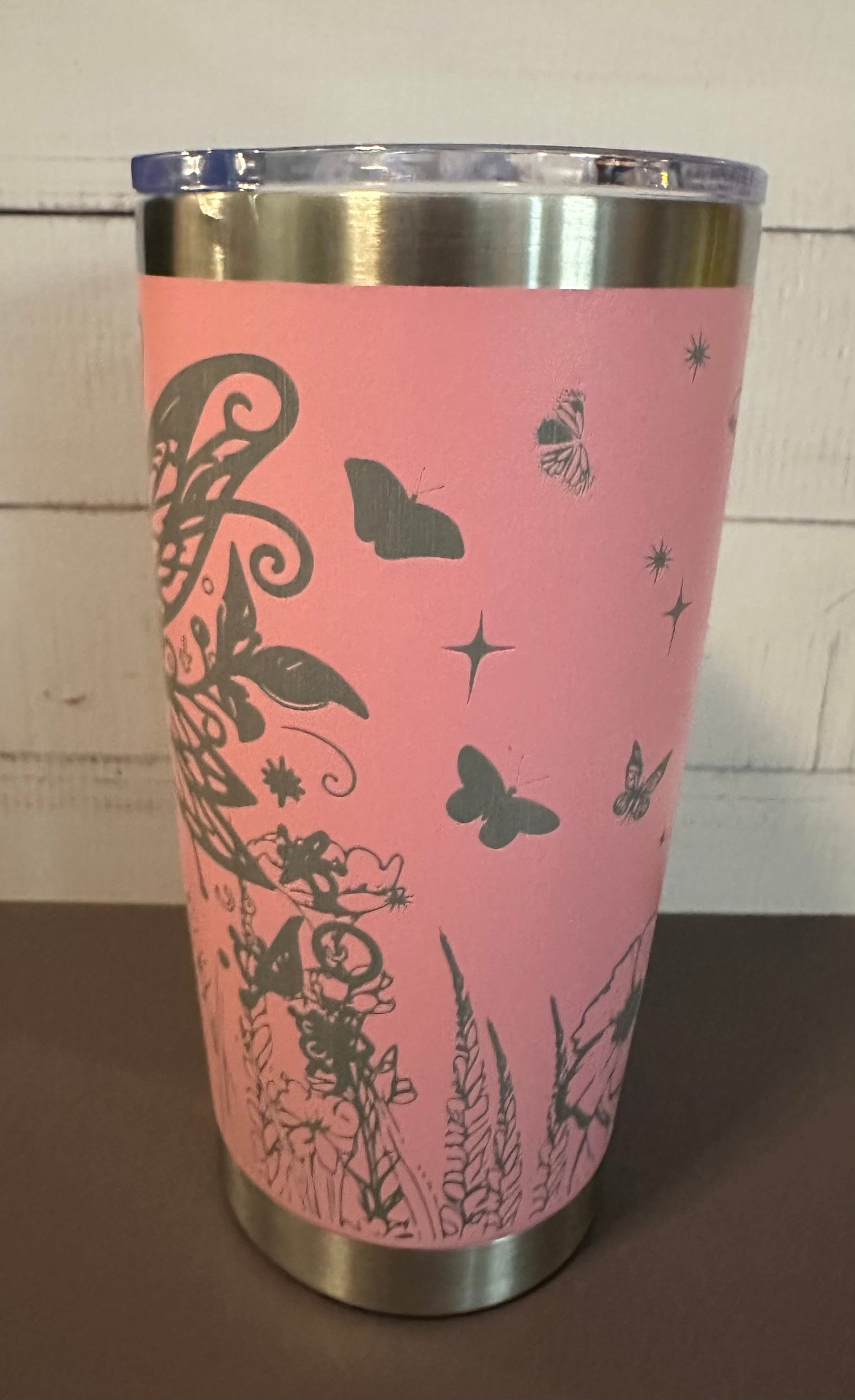 20oz. Insulated Travel Tumbler with Slide Lid - Pink with Fairy and Flowers