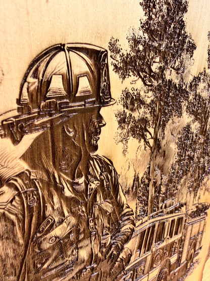 Plaque Live Edge Rectangular - Fireman with Firetruck