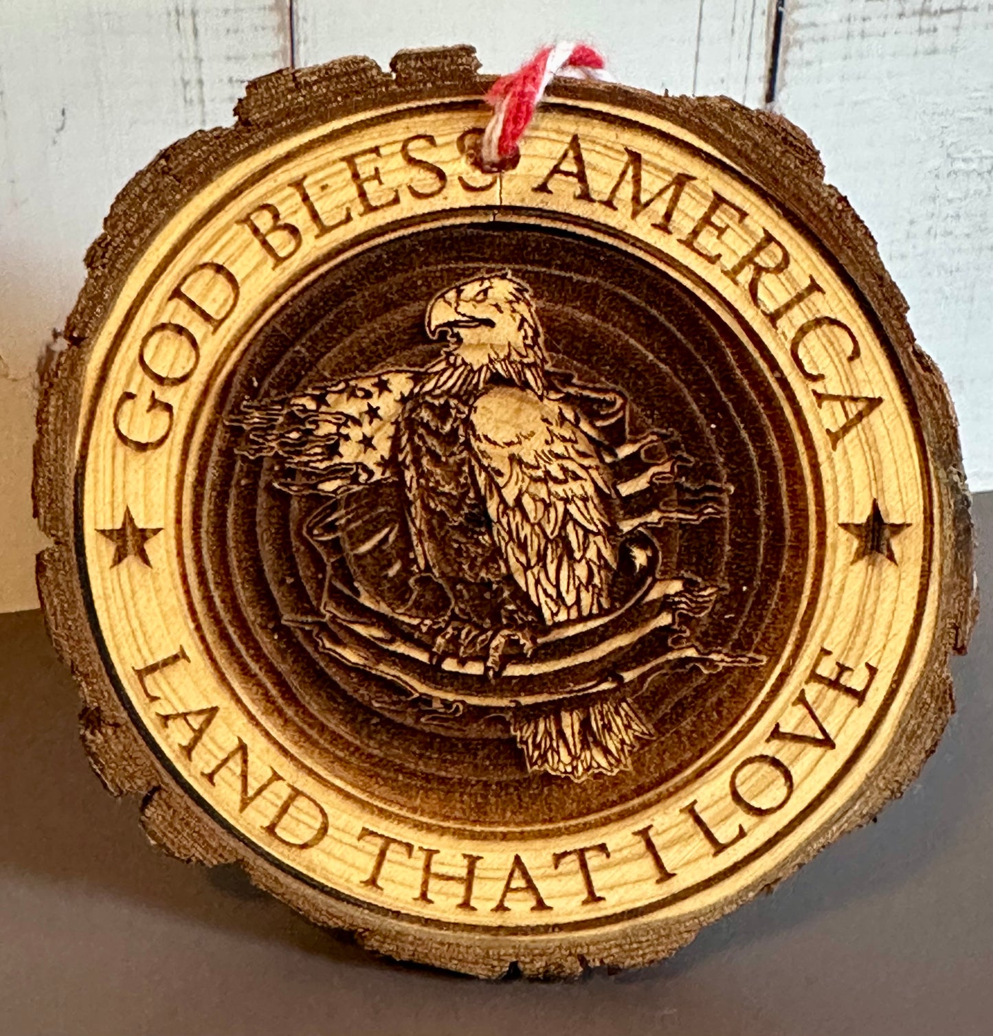 Engraved Live Edge Wooden Round Ornament - God Bless America