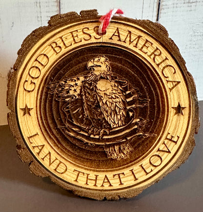 Engraved Live Edge Wooden Round Ornament - God Bless America