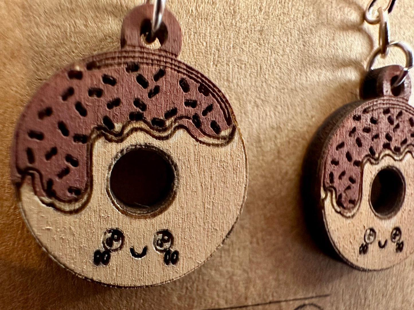 Wooden Engraved Dangle Earrings - Donut (One Pair)