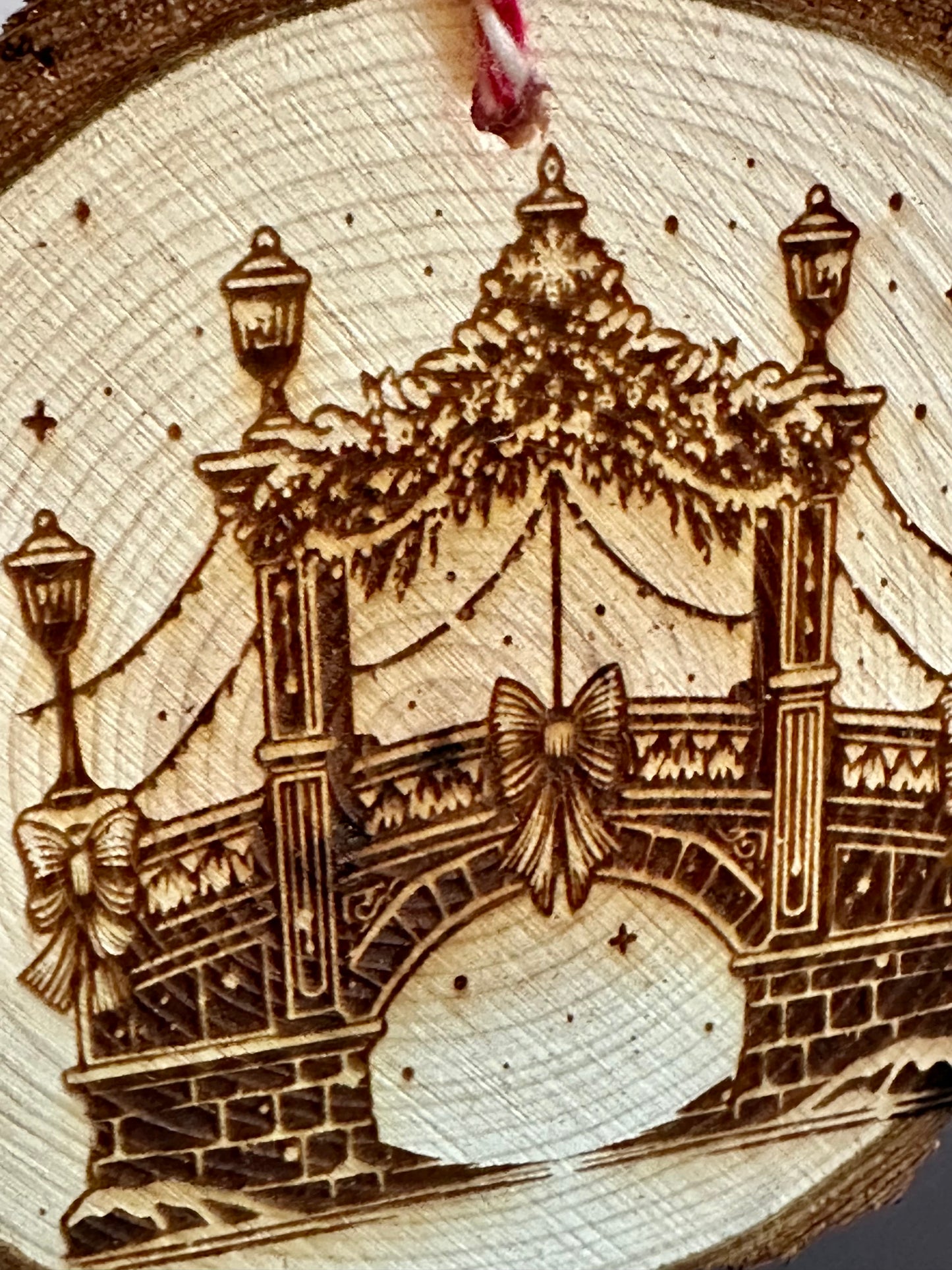 Engraved Live Edge Wooden Round Ornament - Ornate Christmas Bridge