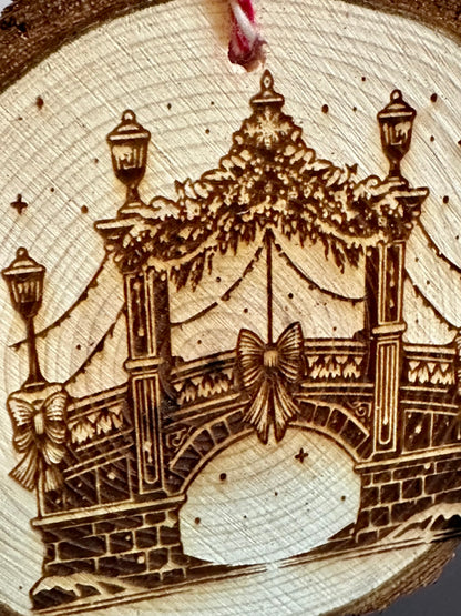 Engraved Live Edge Wooden Round Ornament - Ornate Christmas Bridge