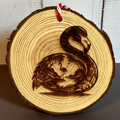 Engraved Live Edge Wooden Round Ornament - Flamingo with Inner Wilderness Scene