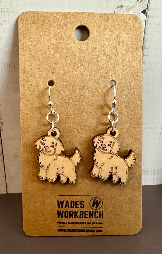 Wooden Engraved Dangle Earrings - Dog