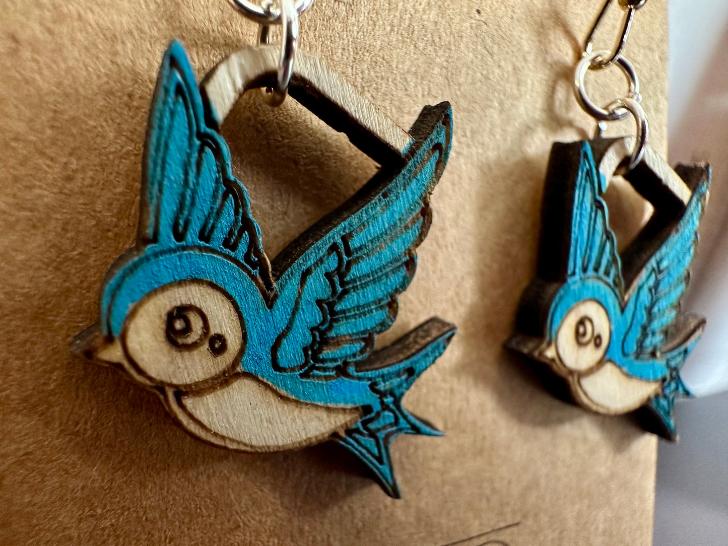 Wooden Engraved Dangle Earrings - Bluebird