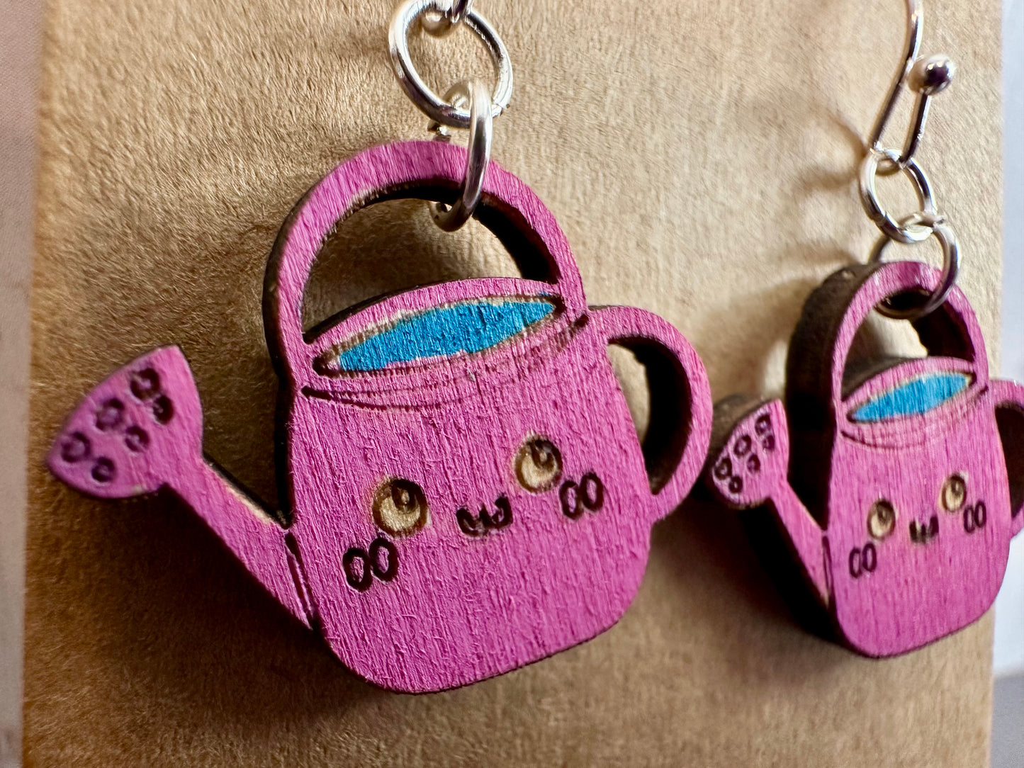 Wooden Engraved Dangle Earrings - Watering Can (One Pair)