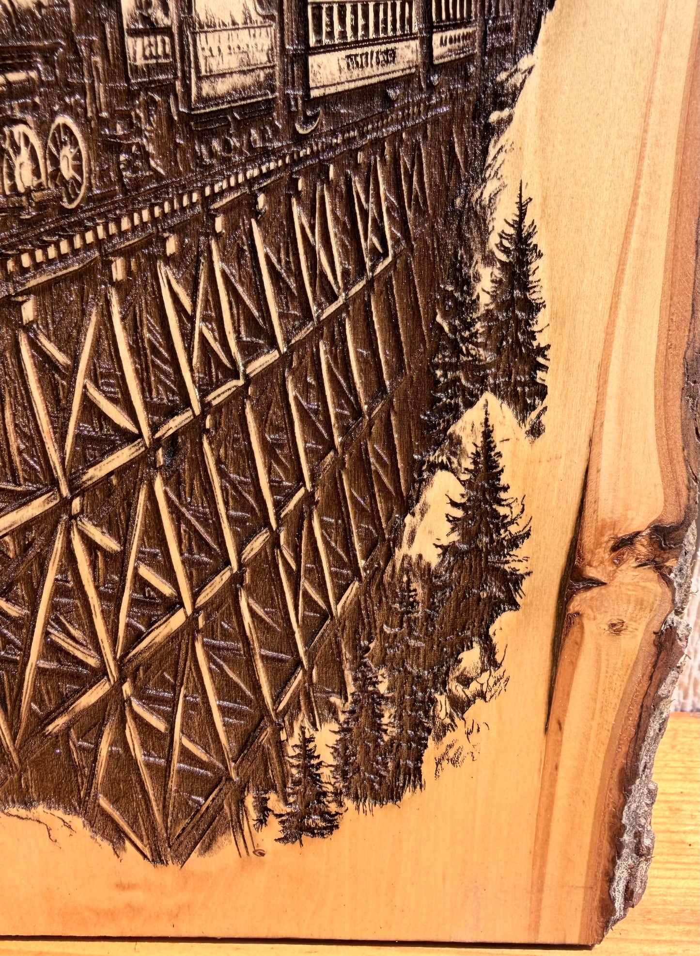 Plaque Live Edge Rectangular - Train on Trestle Bridge