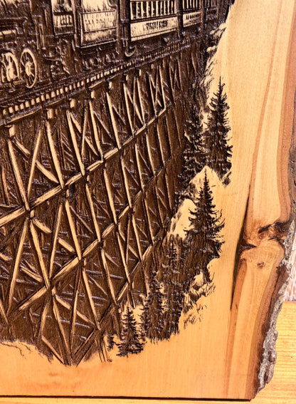 Plaque Live Edge Rectangular - Train on Trestle Bridge