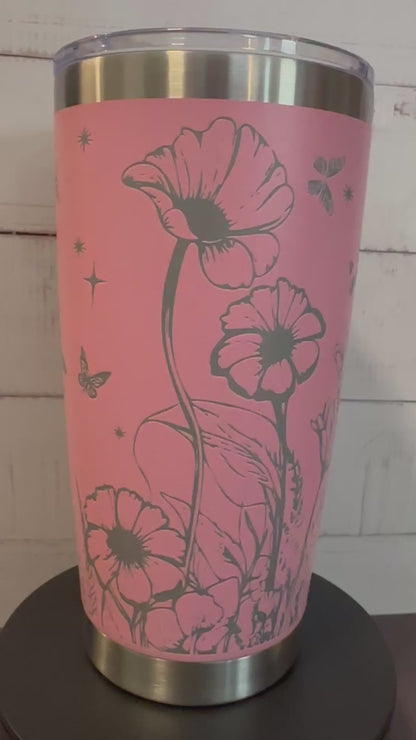 20oz. Insulated Travel Tumbler with Slide Lid - Pink with Fairy and Flowers