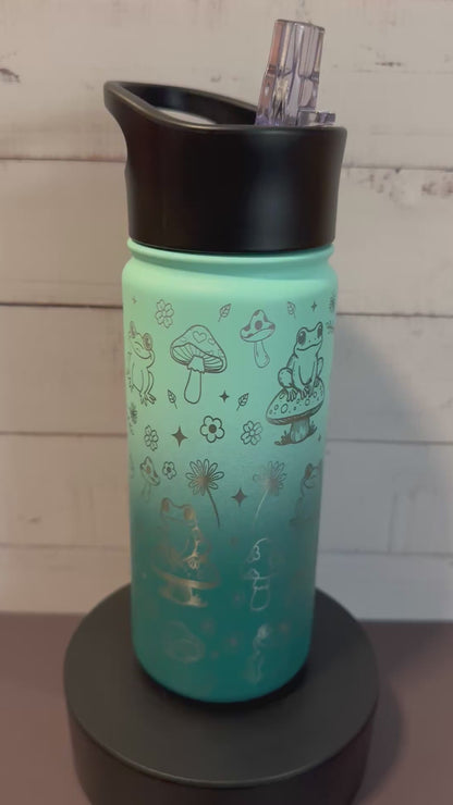 16oz. Insulated Water Bottle with Straw Lid - Varigated Teal Ombré, Frogs and Toadstools