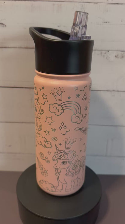 16oz. Insulated Water Bottle with Straw Lid - Pink, Unicorns