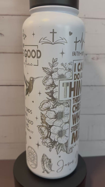 40oz. Insulated Water Bottle with Collapsible Straw Lid - White, Faith and God Collage
