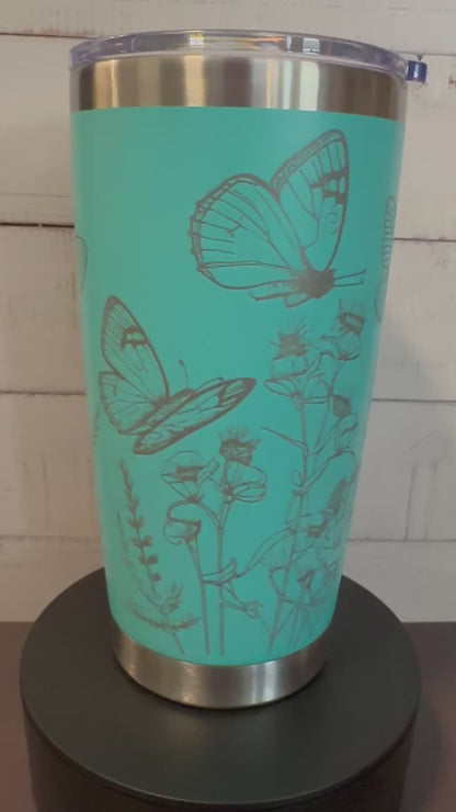 20oz. Insulated Travel Tumbler with Slide Lid - Teal with Wildflowers and Butterflies