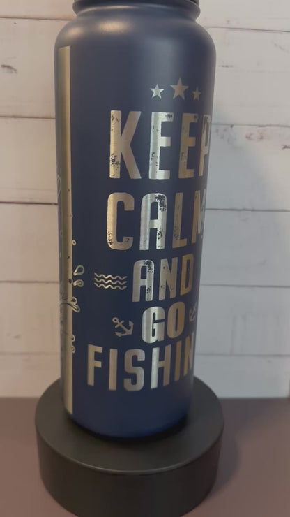40oz. Insulated Water Bottle with Collapsible Straw Lid - Navy, Keep Calm and Go Fishing
