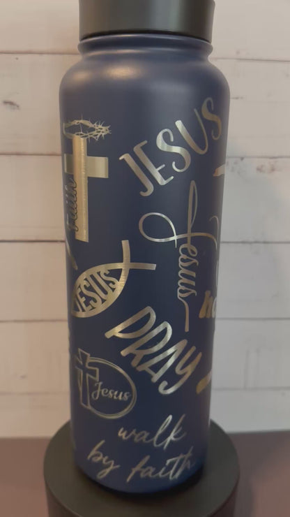 40oz. Insulated Water Bottle with Collapsible Straw Lid - Navy, Faith Collage