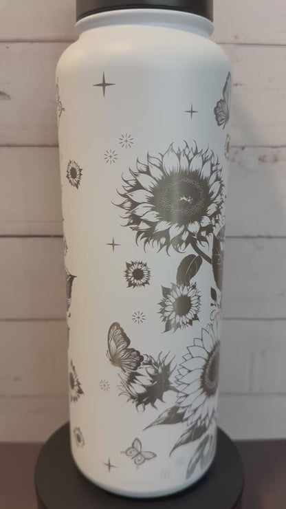 40oz. Insulated Water Bottle with Collapsible Straw Lid - White, Sunflowers